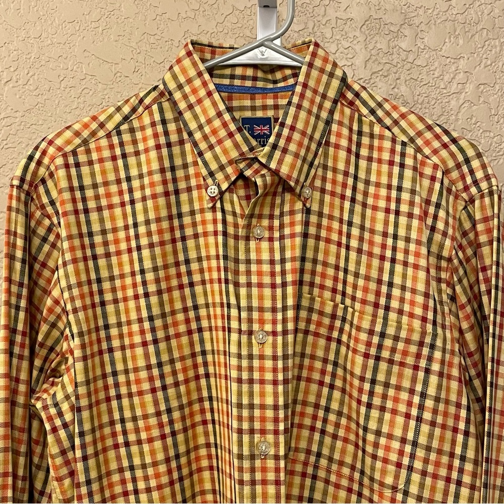 T. Harris London Men's Yellow Plaid Button Down Shirt Long Sleeve Size Medium